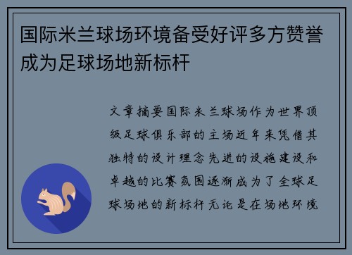 国际米兰球场环境备受好评多方赞誉成为足球场地新标杆 国际米兰球场环境备受好评多方赞誉成为足球场地新标杆